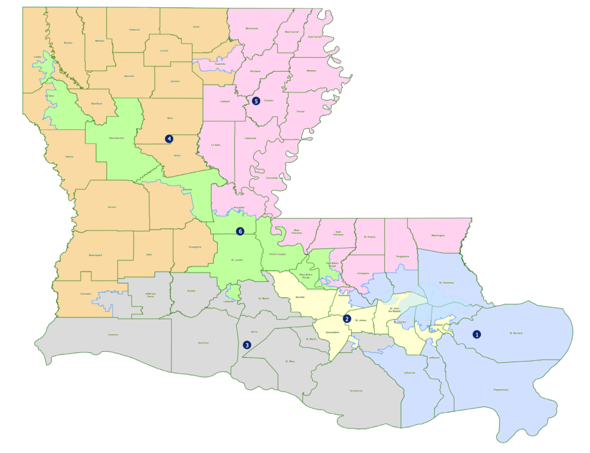 The most recent map of Louisiana's six congressional districts