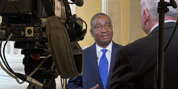 Congressman Fields speaks with a C-SPAN reporter in the Cannon Rotunda of the House of Representatives.