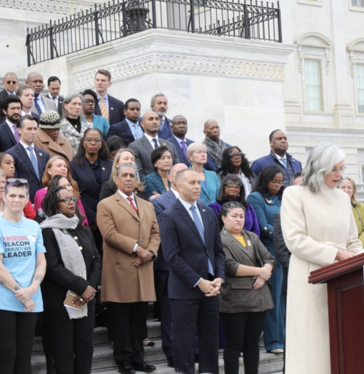 House Democrats attend a press conference on the House steps in support of Medicaid services.
